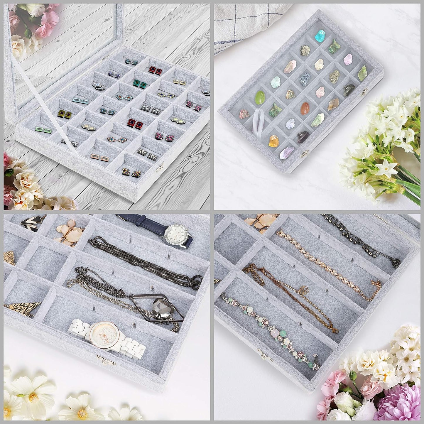 Pilka aksominė papuošalų dėžutė–organizatorius