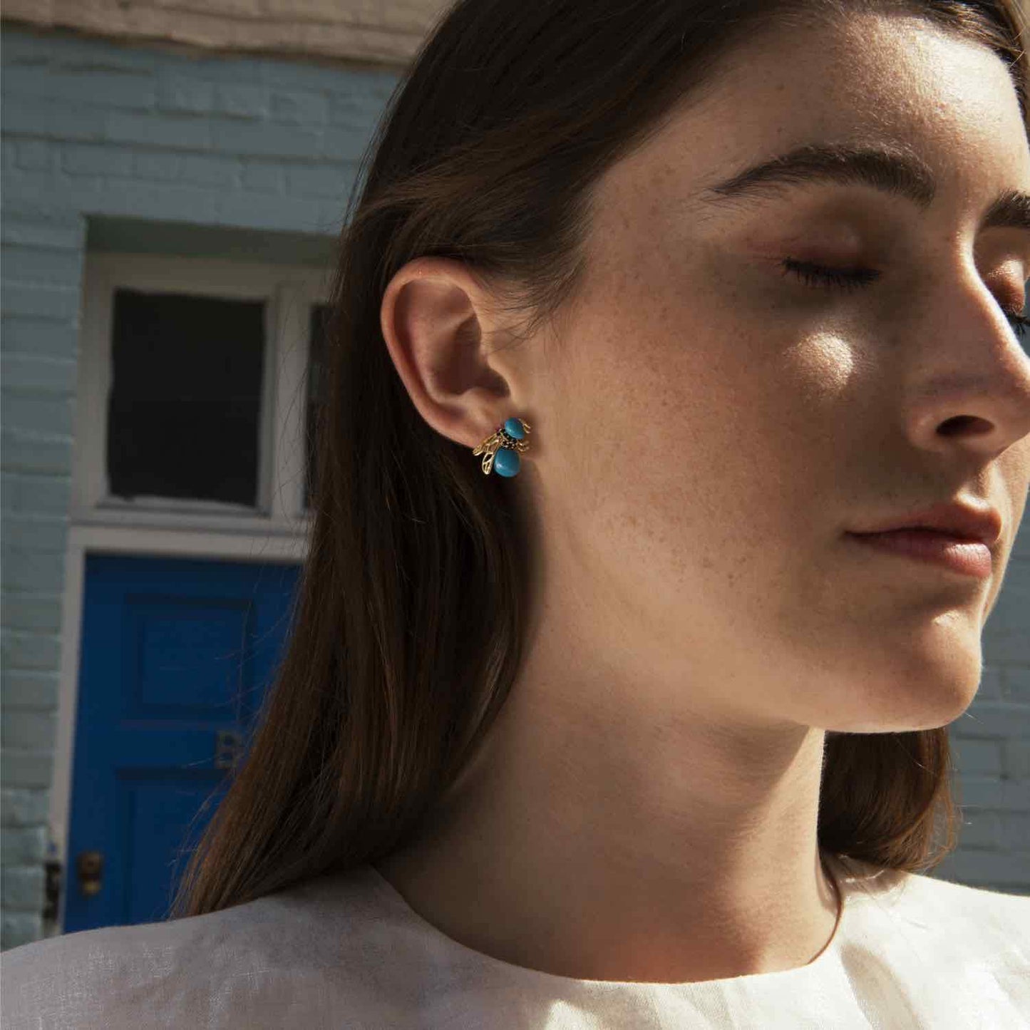 Sterling Silver Bee Earrings- Gold-plated AG925 Sterling Silver, Cubic Zirconia, Synthetic Turquoise