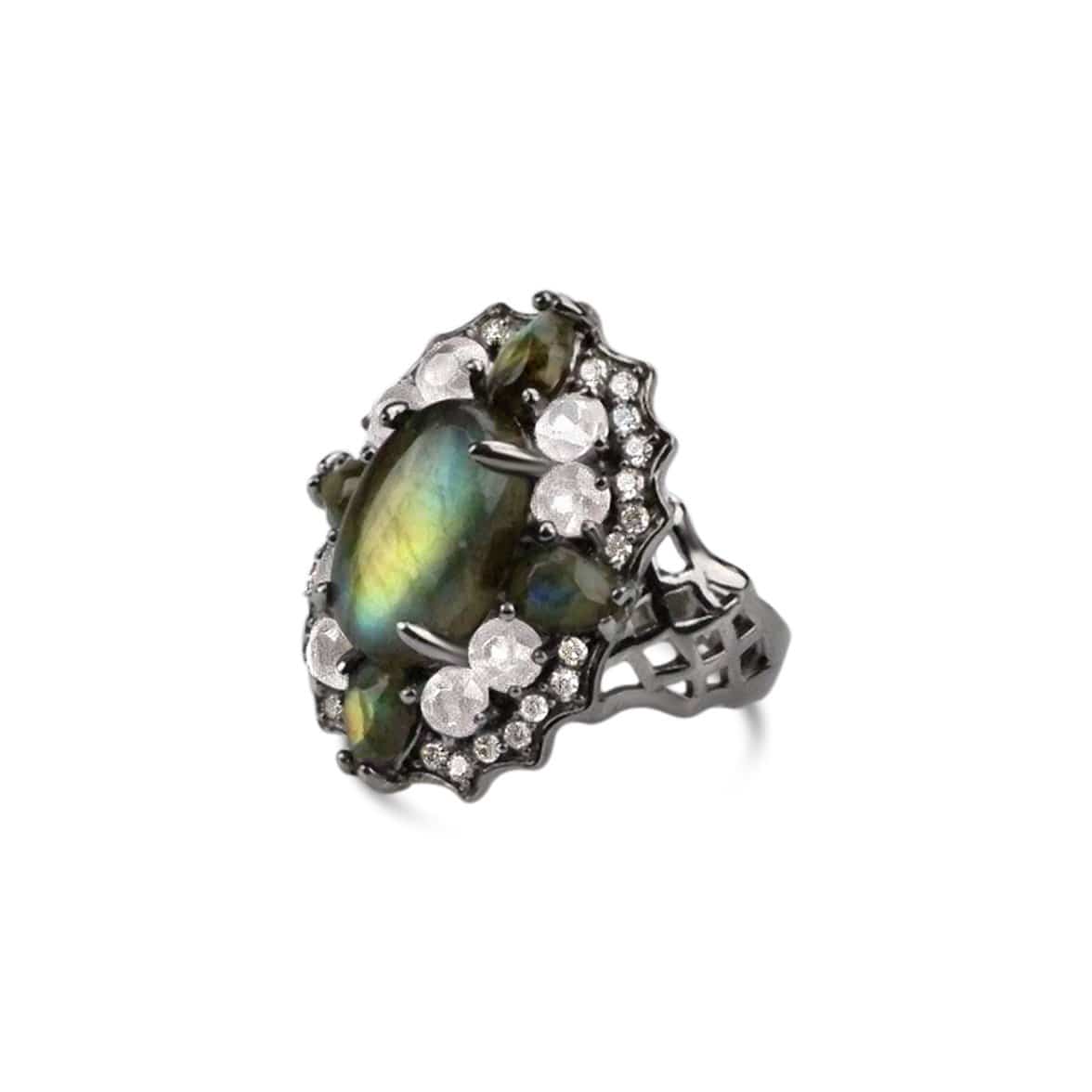 Silver Labradorite and Quartz Ring