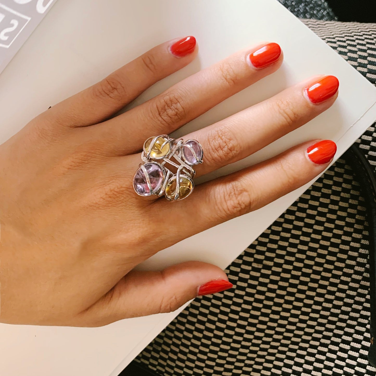 White Gold Plated Silver Citrine & Amethyst Ring