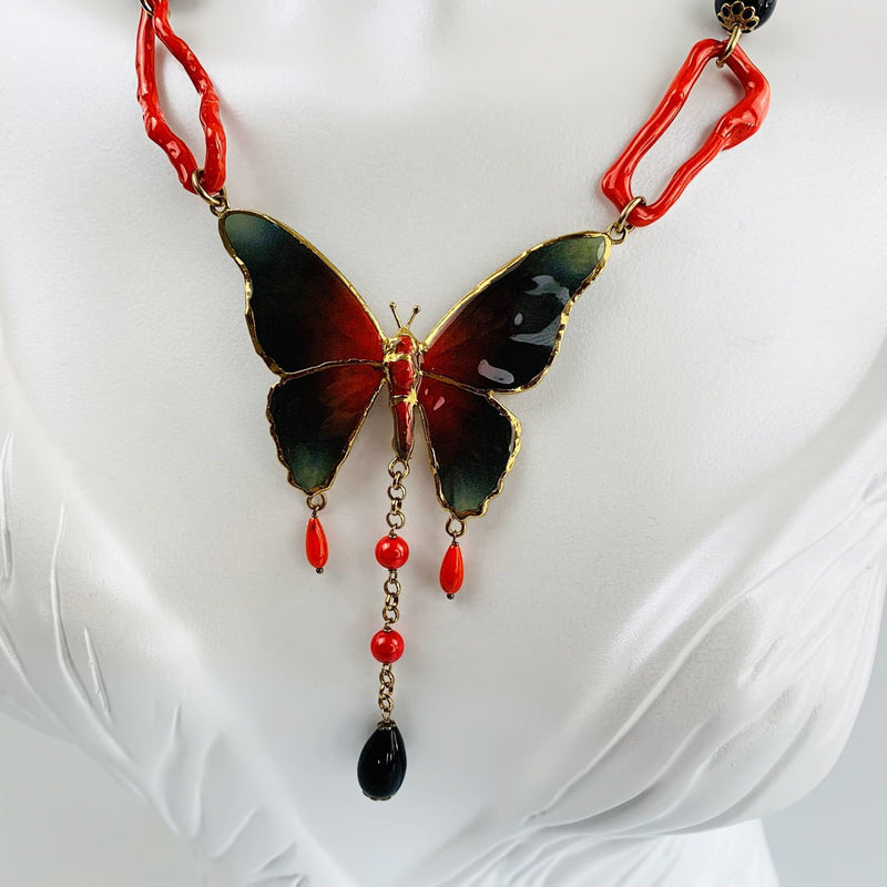 Black Butterfly and Red Coral Necklace