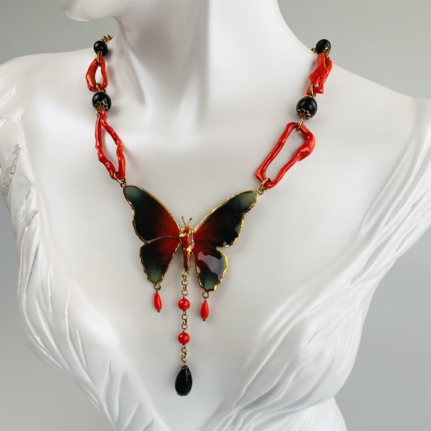 Black Butterfly & Red Coral Necklace