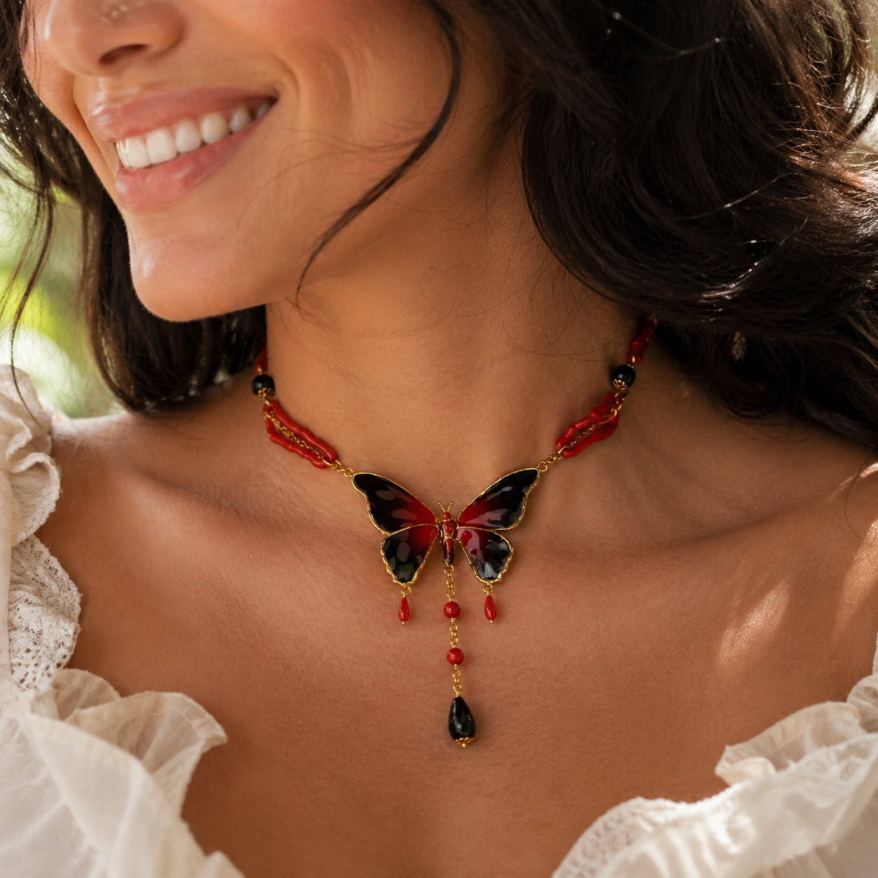 Black Butterfly & Red Coral Necklace