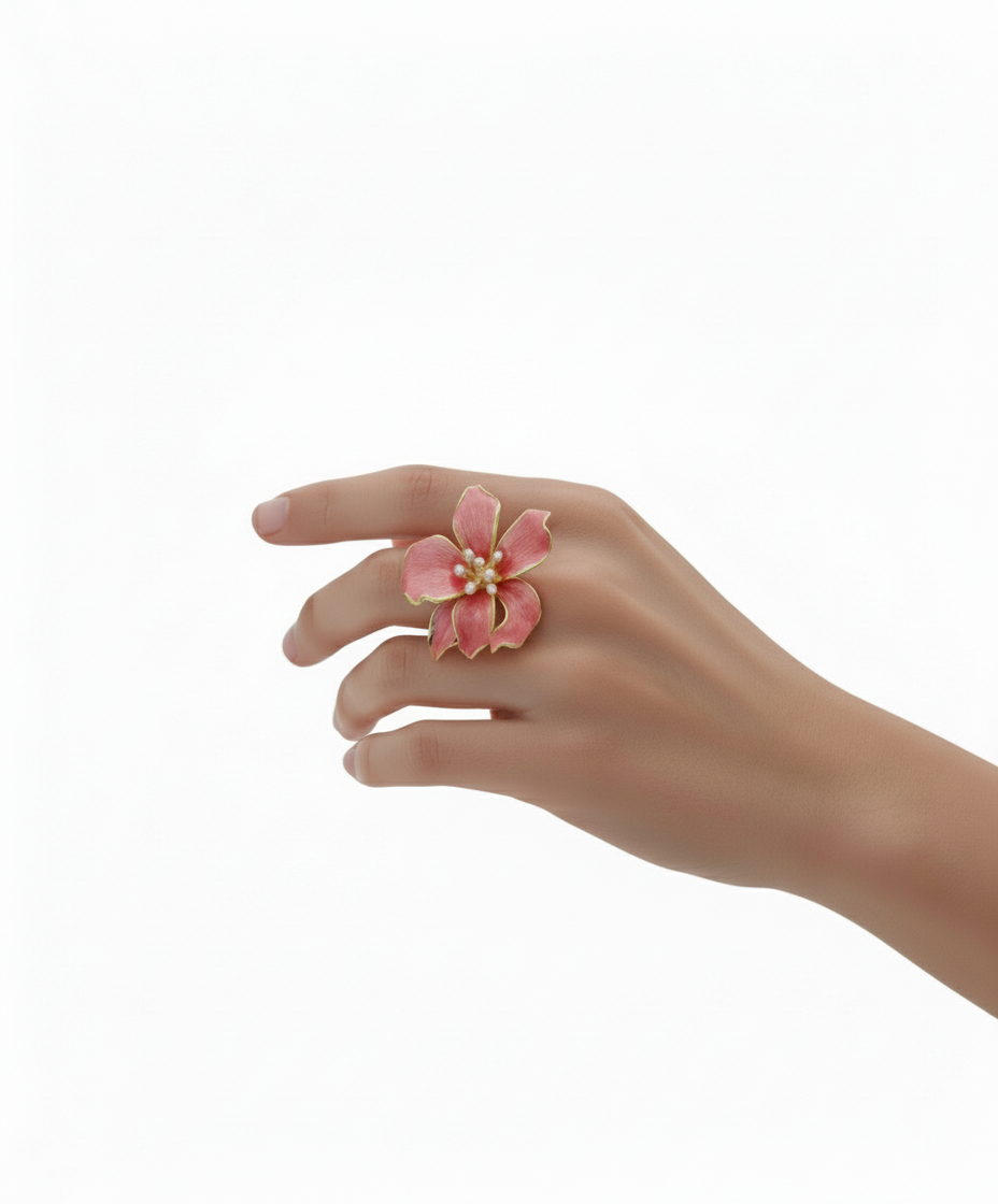 Gold Plated Sterling Silver Pink Enamel Orchid Ring