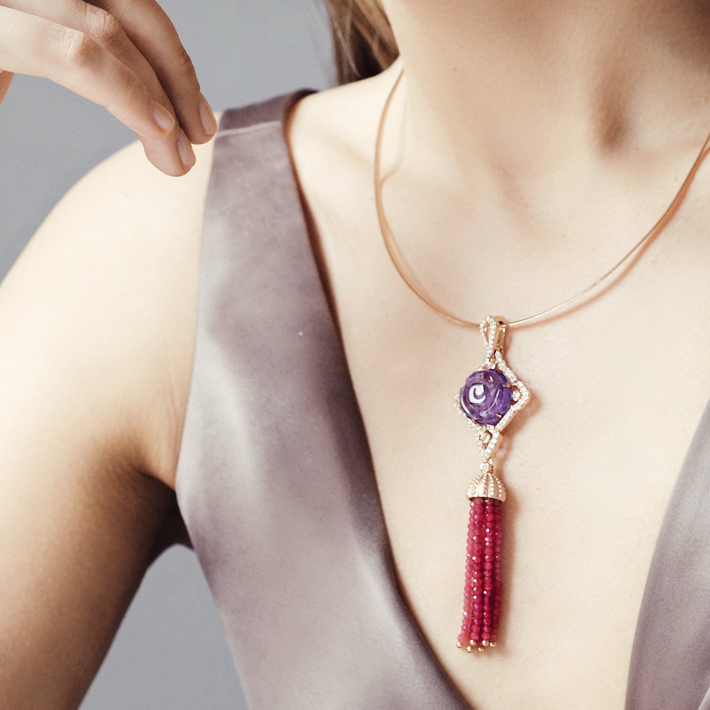 Amethyst and Garnet Tassel Necklace