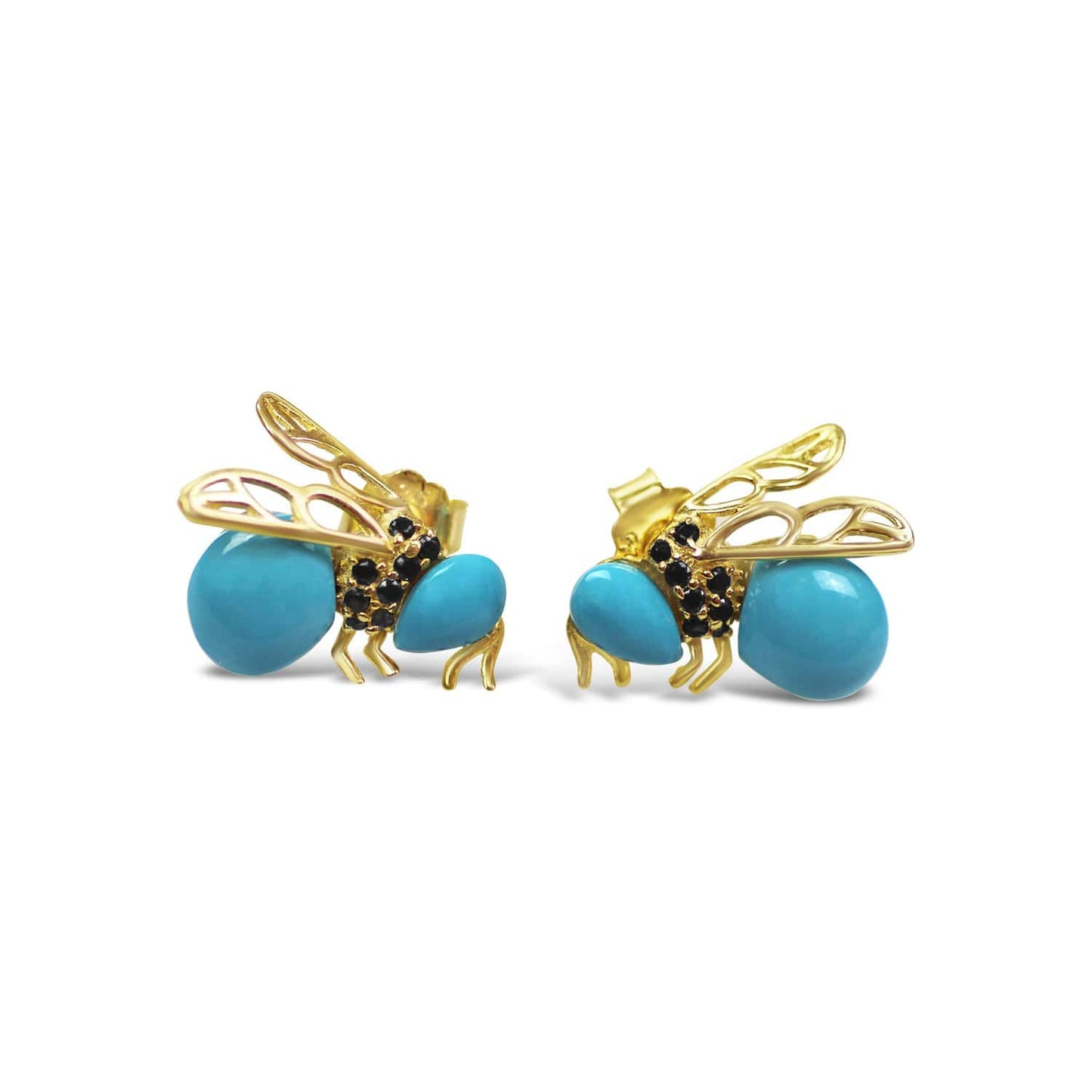 Sterling Silver Bee Earrings- Gold-plated AG925 Sterling Silver, Cubic Zirconia, Synthetic Turquoise