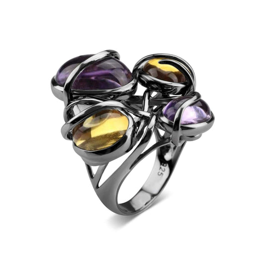 Rhodium Plated Citrine and Amethyst Cocktail Ring