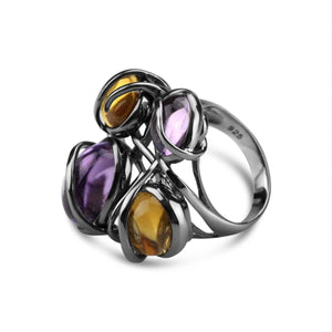 Rhodium Plated Citrine and Amethyst Cocktail Ring
