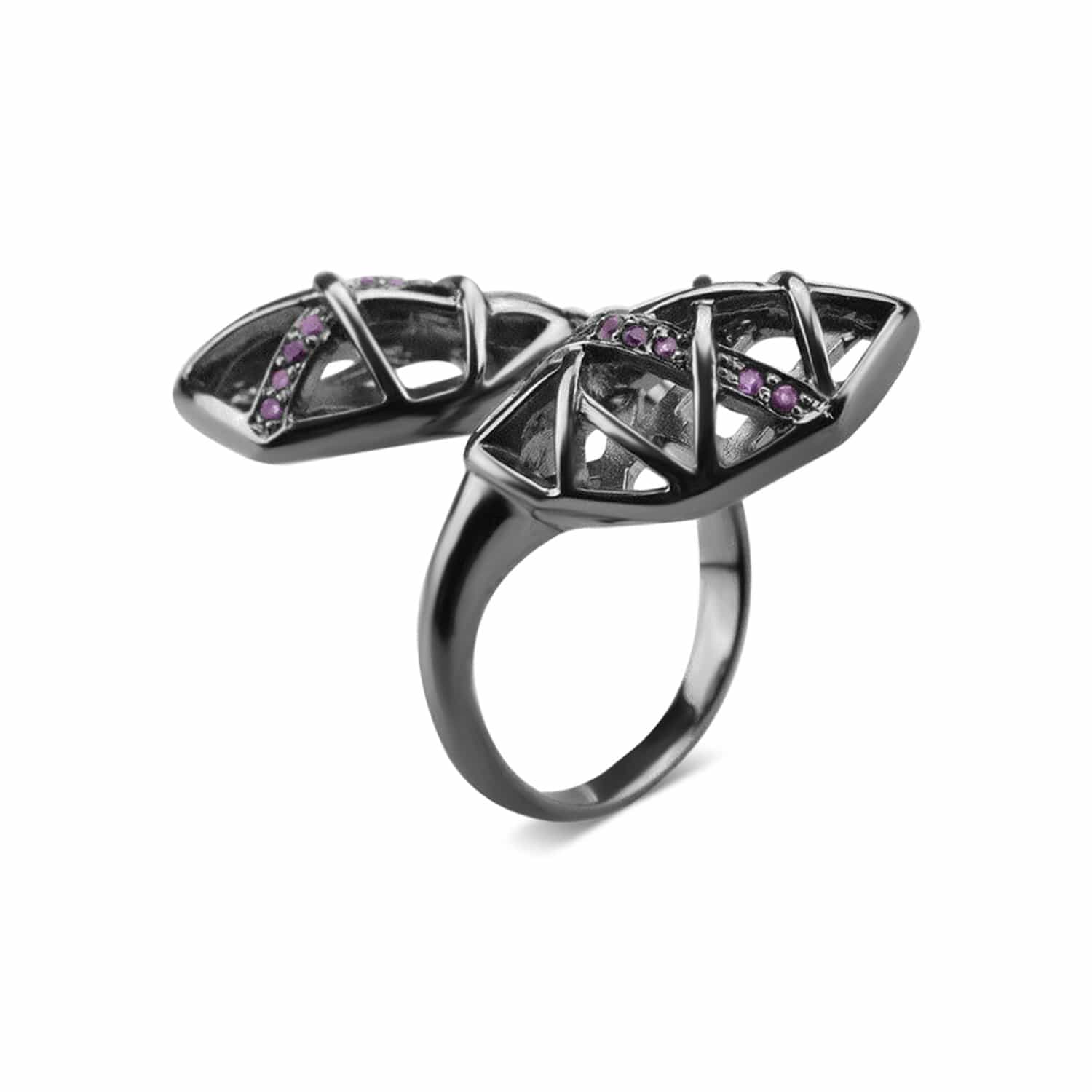 Rhodium Plated Amethyst Helical Ring