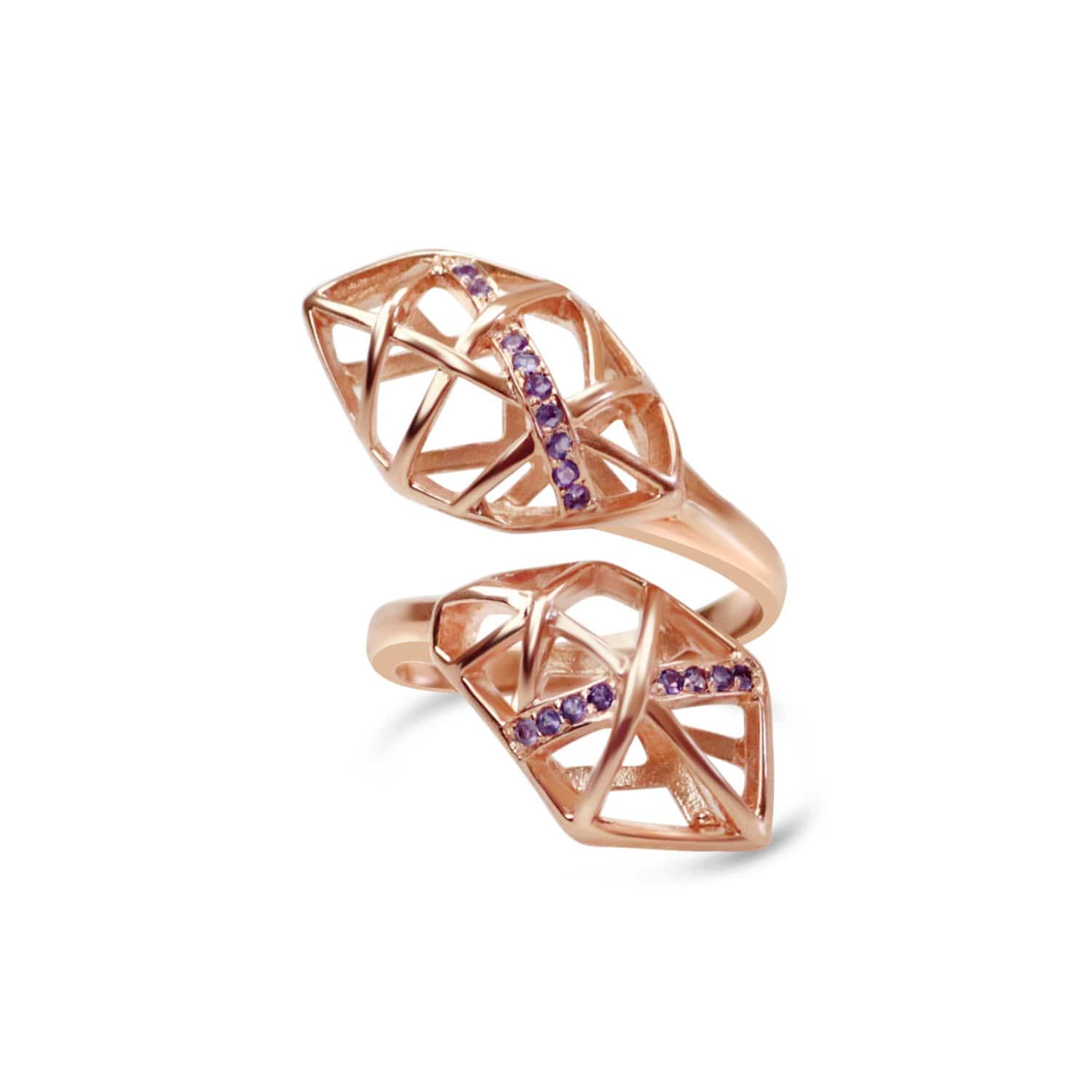 Rose Gold Plated Silver Amethyst Helical Ring