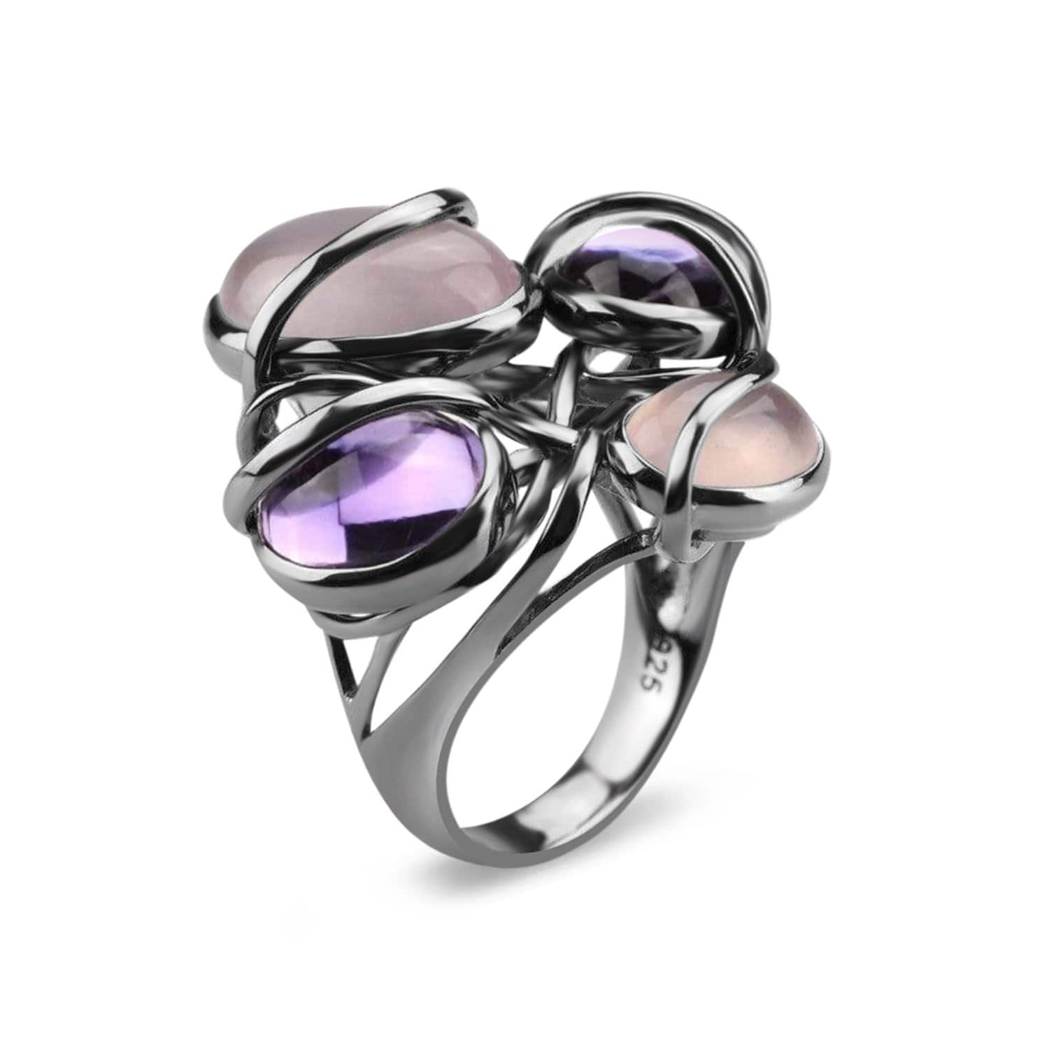 Rhodium Plated Silver Amethyst & Quartz Ring