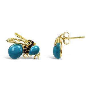 Sterling Silver Bee Earrings- Gold-plated AG925 Sterling Silver, Cubic Zirconia, Synthetic Turquoise