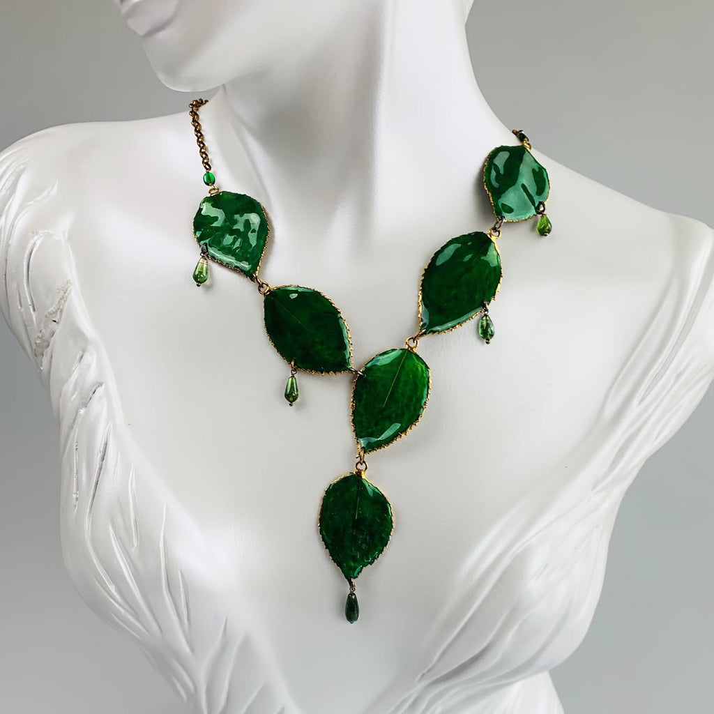 Green Rose Leaves and Tourmaline Necklace
