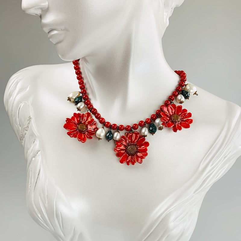 Natural Red Daisy and Pearl Necklace