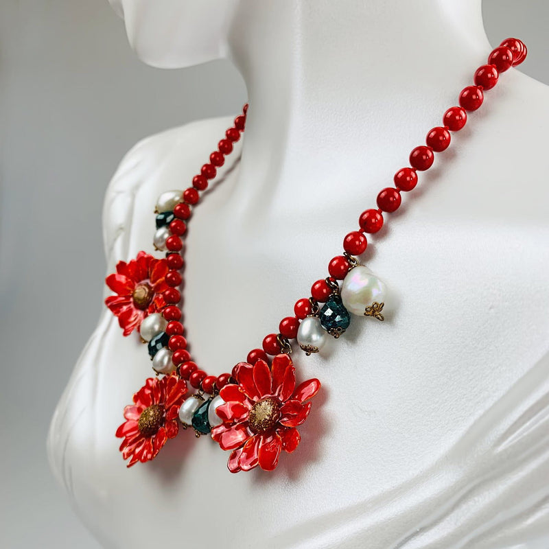 Natural Red Daisy and Pearl Necklace