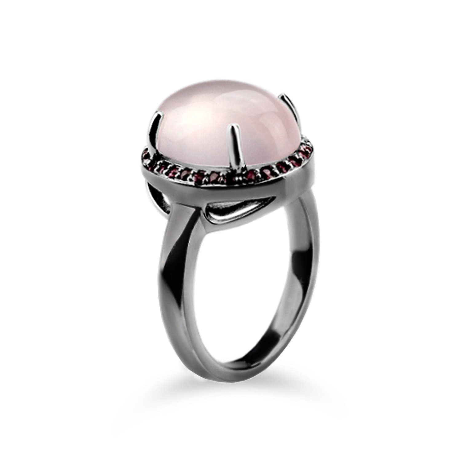 Rhodium Plated Silver Rose Quartz Oval Ring